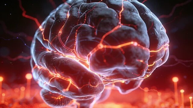 Igniting 3D brain model pulsing orange pathways, rotating, revealing lobes in neural field