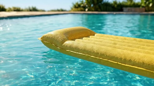 A sunlit yellow pool float drifting across rippling water, bright reflections, summery texture and generous blank space, sparkling daylight and a carefree vacation atmosphere, ultra-realistic, no