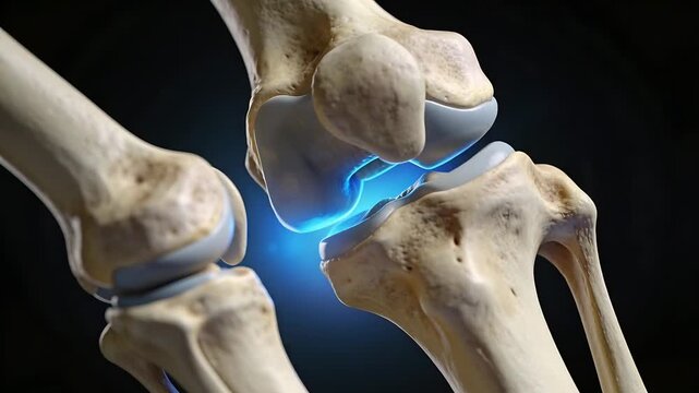 Animating knee joint in studio, femur moving down to tibia showing blue glow, meniscus compressing