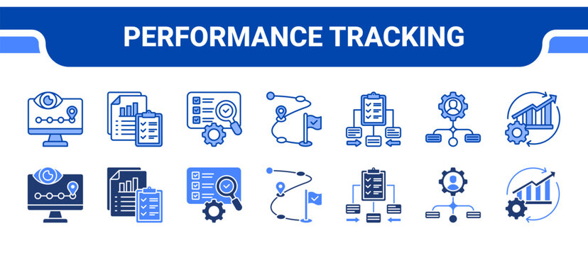 Performance Tracking Icon Collection,  featuring Activity Monitoring, Program Reporting, Program Evaluation, Milestone Tracking, Task Prioritization, Workflow Alignment, Process.