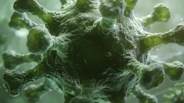 Advancing camera moving closer and rotating in micro medium, revealing particle spikes and membrane
