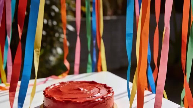 Swaying ribbons in breeze, casting shadows on white table, sun-glinting red cake on gold base