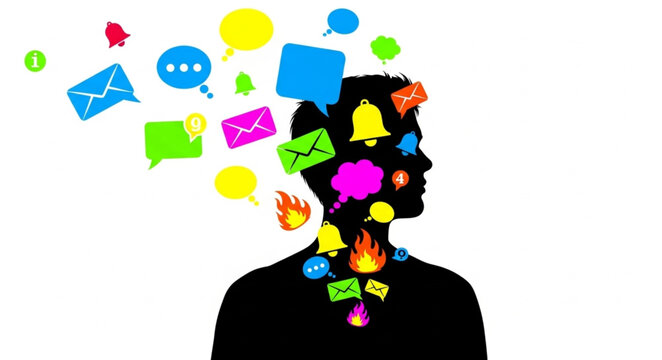 Silhouette of a person with social media icons exploding from their head.