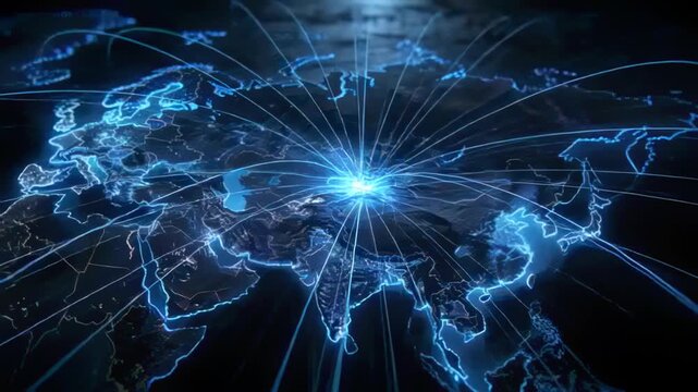 Camera pulling back neon Eurasia map in studio revealing hub lighting and sending arcs showing data