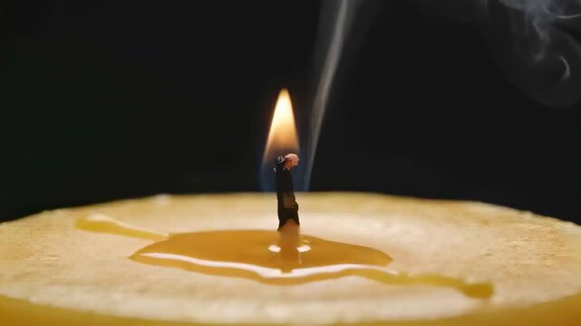 Burning single candle wick making bright flame, rising smoke plume and molten wax on black backdrop
