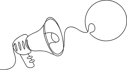 Obraz premium Megaphone and speech bubble continuous line vector for communication and public marketing.