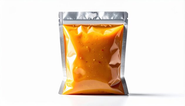 A sealed silver pouch containing nutritious emergency food paste isolated on a plain background, providing a compact source of energy for survival situations, disaster relief, and outdoor activities.