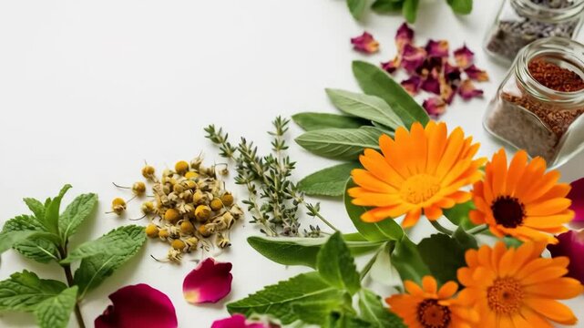 Herbs and petals arranged as a natural frame on a white background, culinary and wellness theme, clean botanical border, bright minimal styling, realistic detail, no logos