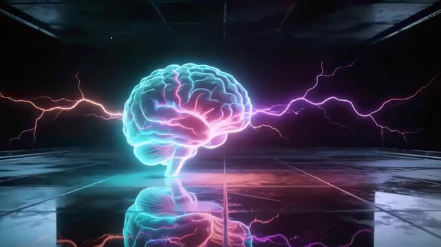 Pulsing neon brain reacting to converging electrical arcs in dark chamber, mirrored floor