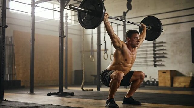 Starting squat shirtless lifter in shorts training overhead squat with barbell at gym, copy space
