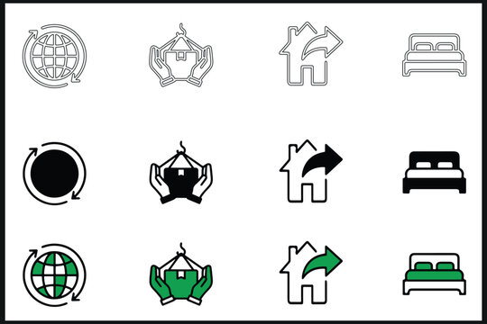 Global Logistics & Home Relocation 12 Icons Pack, Editable Stroke - Modern Shipping, Property Transfer, and Furniture Service Icon Set