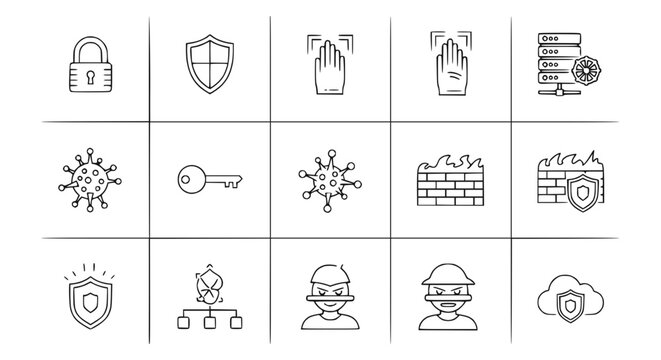 Cybersecurity Icons: Lock, Shield, Virus, Hacker, Firewall, Cloud Security