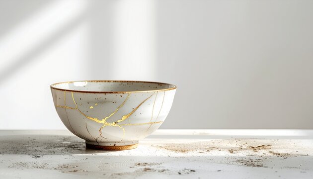 金継ぎで修復された白い陶器の鉢を自然光で捉えたミニマル静物