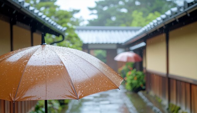 雨粒をまとった和傘風の傘と日本家屋の路地を捉えた梅雨の情緒ある風景