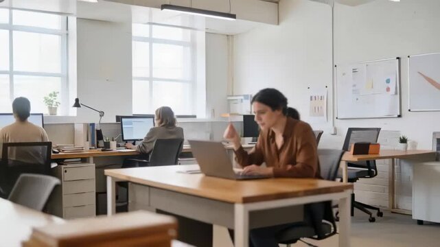 Gesturing woman in brown blouse joining virtual meeting, typing on laptop and pointing at screen