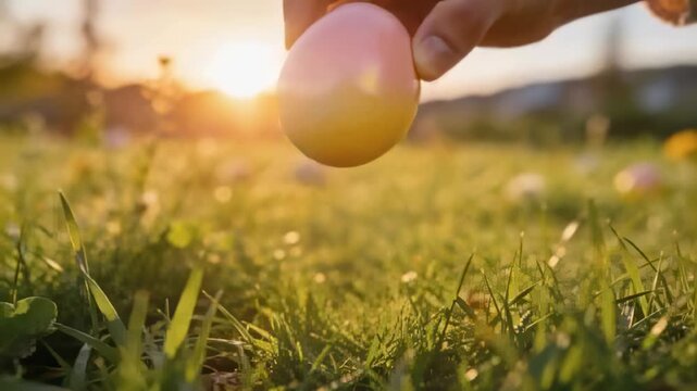 Reaching right hand gently lifting pastel egg in grass during golden hour for color, showing cuff