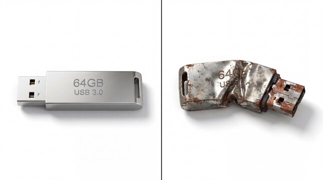 Comparison of intact and damaged USB flash drives on white background