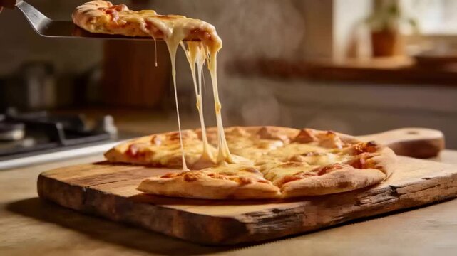 Spatula sliding under slice, left hand lifting cheese pizza slice on kitchen countertop to serve