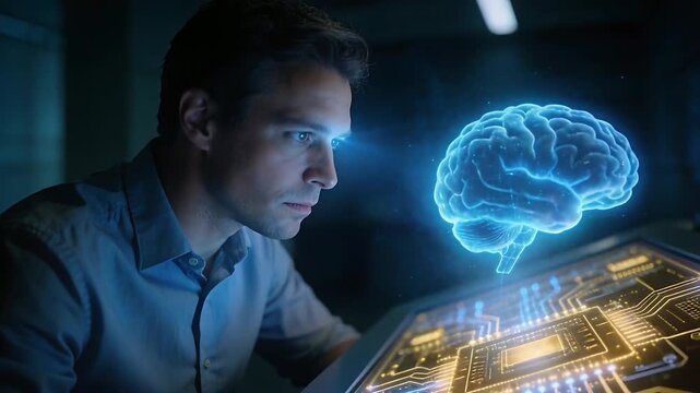 Leaning tech in button-up shirt studying holo brain rising above console in dim lab, analyzing data