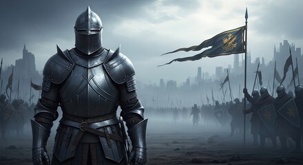 Naklejka premium A solemn knight stands guard before a misty medieval castle landscape