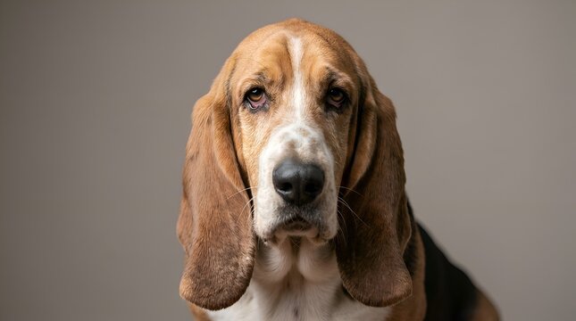 Studio portrait of a Basset Hound dog with long ears and sad eyes against a neutral background