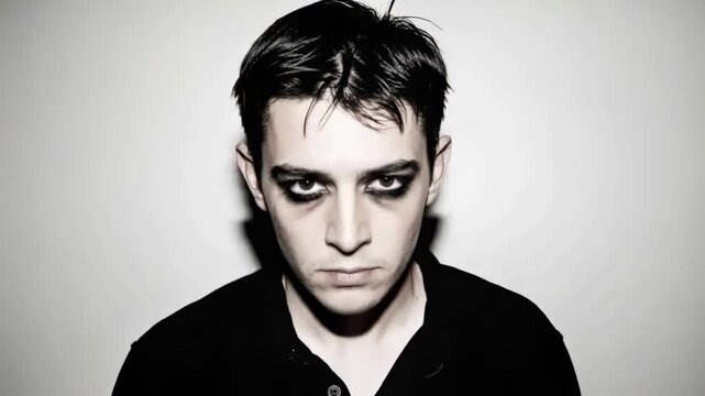 Camera zooming out, man holding gaze in studio, showcasing heavy black eye makeup, black shirt