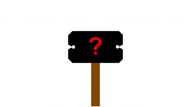 Clean animated question mark signpost with a black board, red question symbol, and simple pole on a white background
