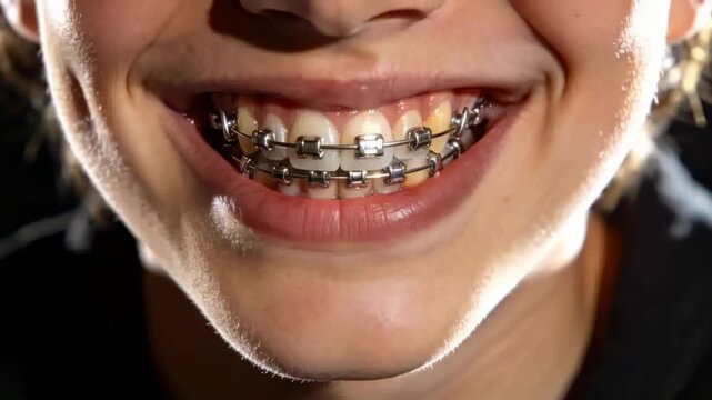 Recording camera capturing adolescent lower face cycling smiles and opening mouth, showing braces