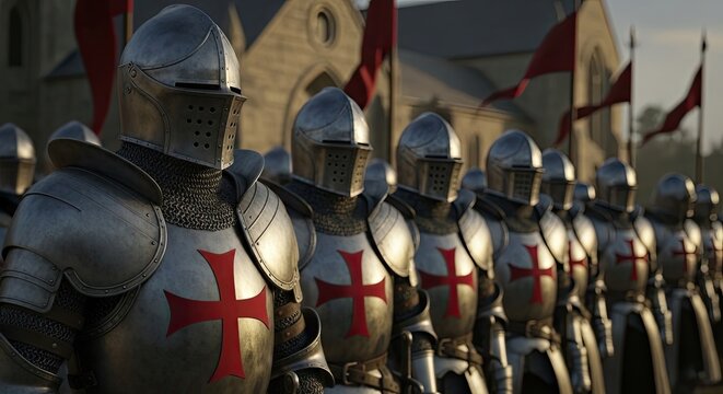 A line of medieval knights in full armor with red cross emblems