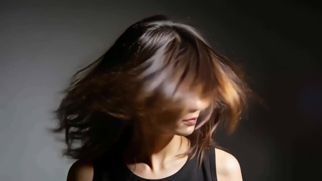 Quickly flipping head, woman whipping long layered hair across face in studio in black tank top