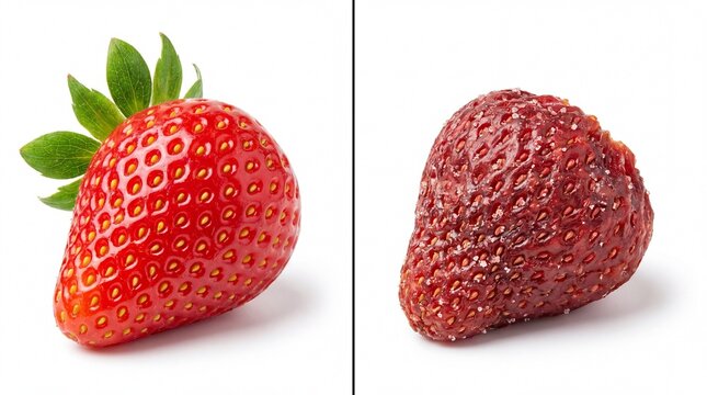 fresh strawberry and freeze-dried powder comparison on white background for health and nutrition concept
