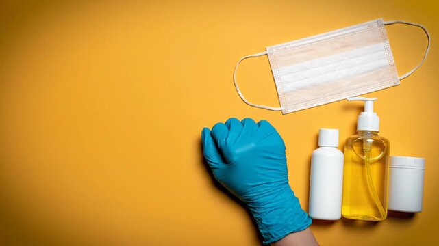 A gloved hand displays medical supplies including a face mask on yellow