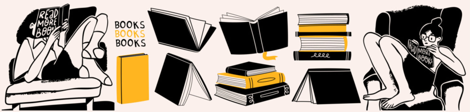 Reading ladies, books in various positions. Women in comfortable poses. Relax, stay home, education, coziness, rest, hobby, lazy time concept. Hand drawn Vector illustration. Isolated design elements