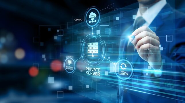 Professional overseeing private server networks, visualizing secure data flows and robust cybersecurity through an advanced holographic interface for modern enterprise