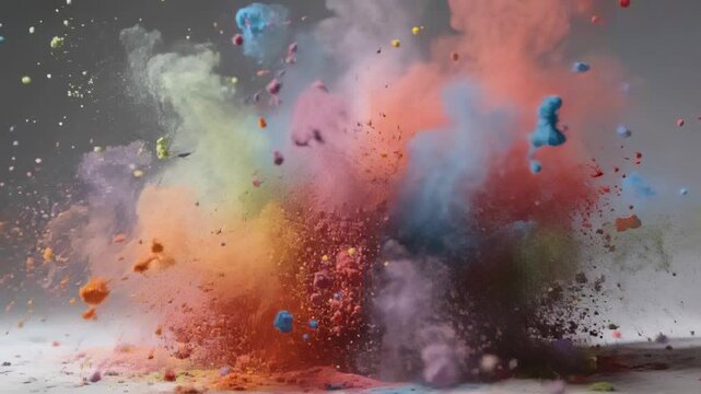 Bursting colored powder plume dispersing in studio after off-frame impulse to create color mixing