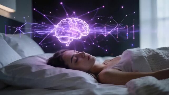 Lying woman wearing tank on bed sleeping in bedroom, purple brain appearing, showing dream activity