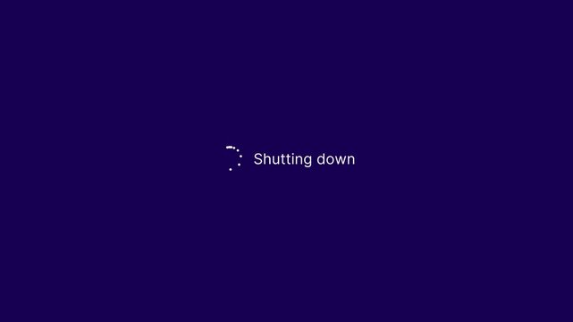 Shutdown screen on windows animation on dark blue background. Shutting down notification computer screen. 4K Infinite Loop.