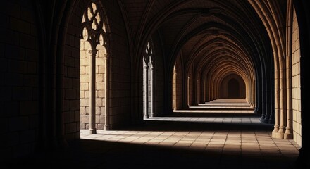 Fototapeta premium Gothic cloister a long corridor of arches and stone pillars in a monastery