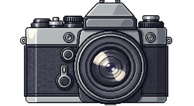 A pixel art illustration of a vintage SLR camera with a lens.