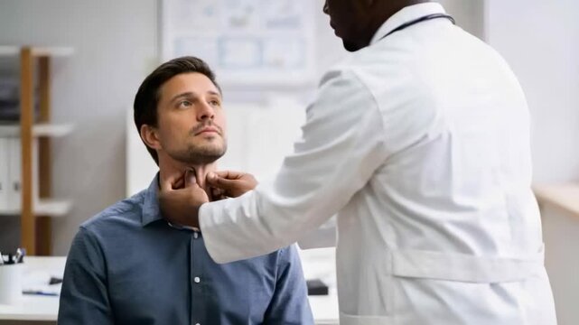 Palpating doctor placing hands on patient's neck, patient wearing blue shirt tilting head in clinic