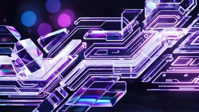 white iridescent glass tech elements with vivid violet, purple, and blue reflections on a dark backdrop, luminous surfaces, clean modern banner aesthetic, ultra-realistic, no logos.