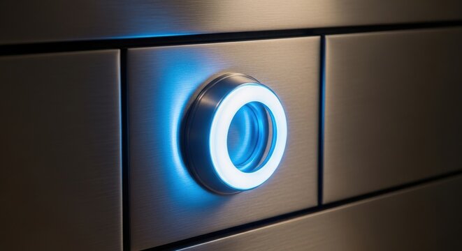 Sleek, illuminated modern doorbell fixture with a blue glowing ring on a brushed metal surface