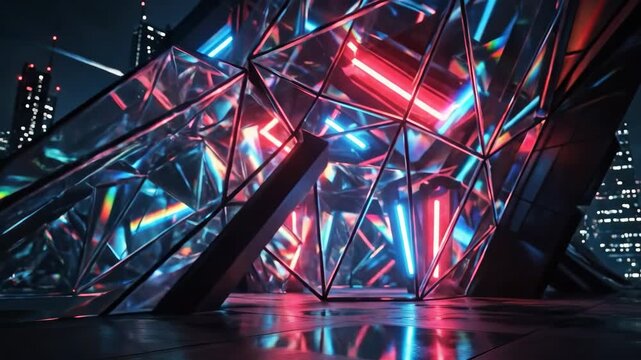 Chromatic glass architectural elements refracting electric blue and crimson neon across a dark background, sharp prismatic edges, sci-fi technology cover-art atmosphere, ultra-realistic, no logos.