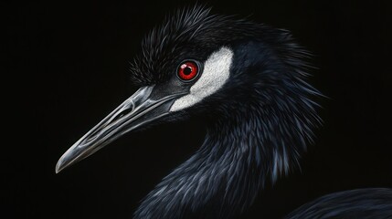 Fototapeta premium Close-up crane portrait, artistic rendering, black plumage, red eyes
