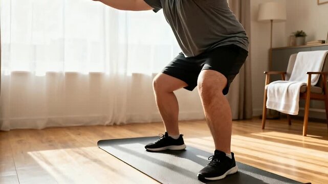 Starting standing, Asian man performing air squats at home on mat, wearing grey tee for fitness