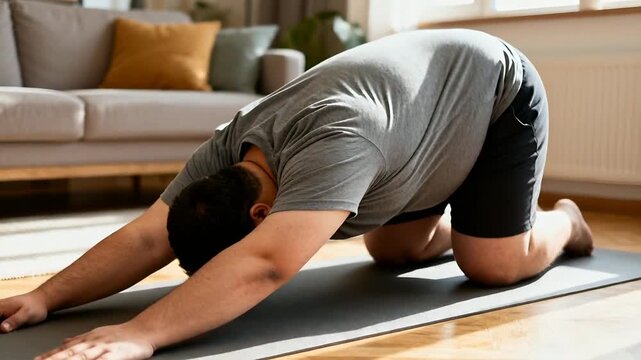 Starting kneeling, man in gray tee holding stretch at home on dark mat, easing back tension