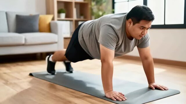 Starting kneeling, man moving into plank, performing knee tucks on mat at home in workout clothes