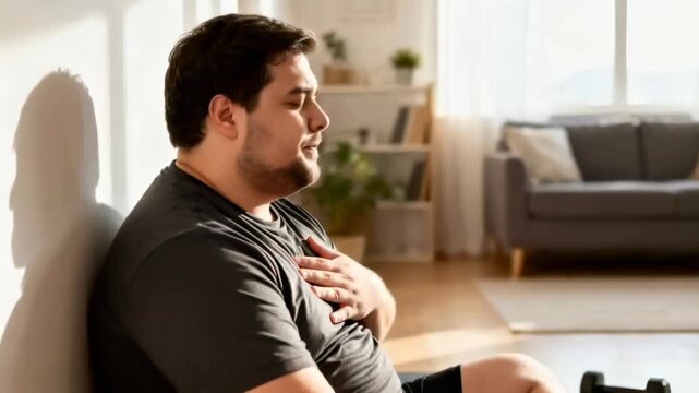 Breathing man wearing dark tee and black shorts recovering after dumbbell set at home, copy space