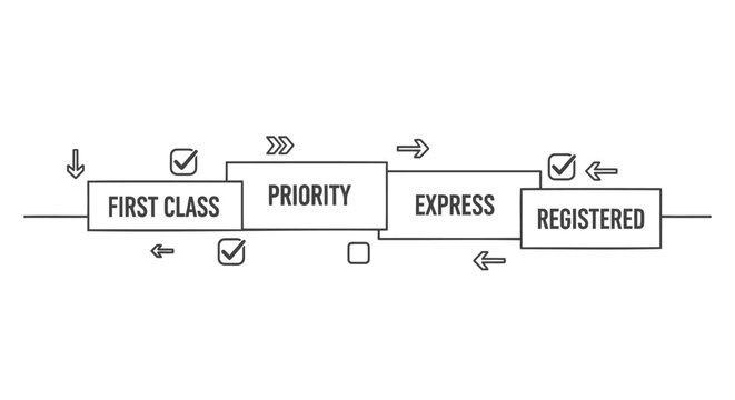 Mail service icons, shipping labels, priority, express, registered, first class