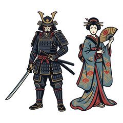 Obraz premium Traditional Japanese Ensemble: Illustration of a samurai warrior and a geisha, dressed in exquisite traditional attire.